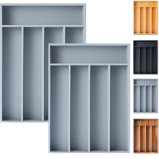 Silverware Organizer, 2 Pack 10 Inch Utensil Organizer Kitchen Drawer Organizer Bamboo Silverware Holder Cutlery Tray Organizer in Drawer Flatware Organizer Tray(5 slots, Gray）