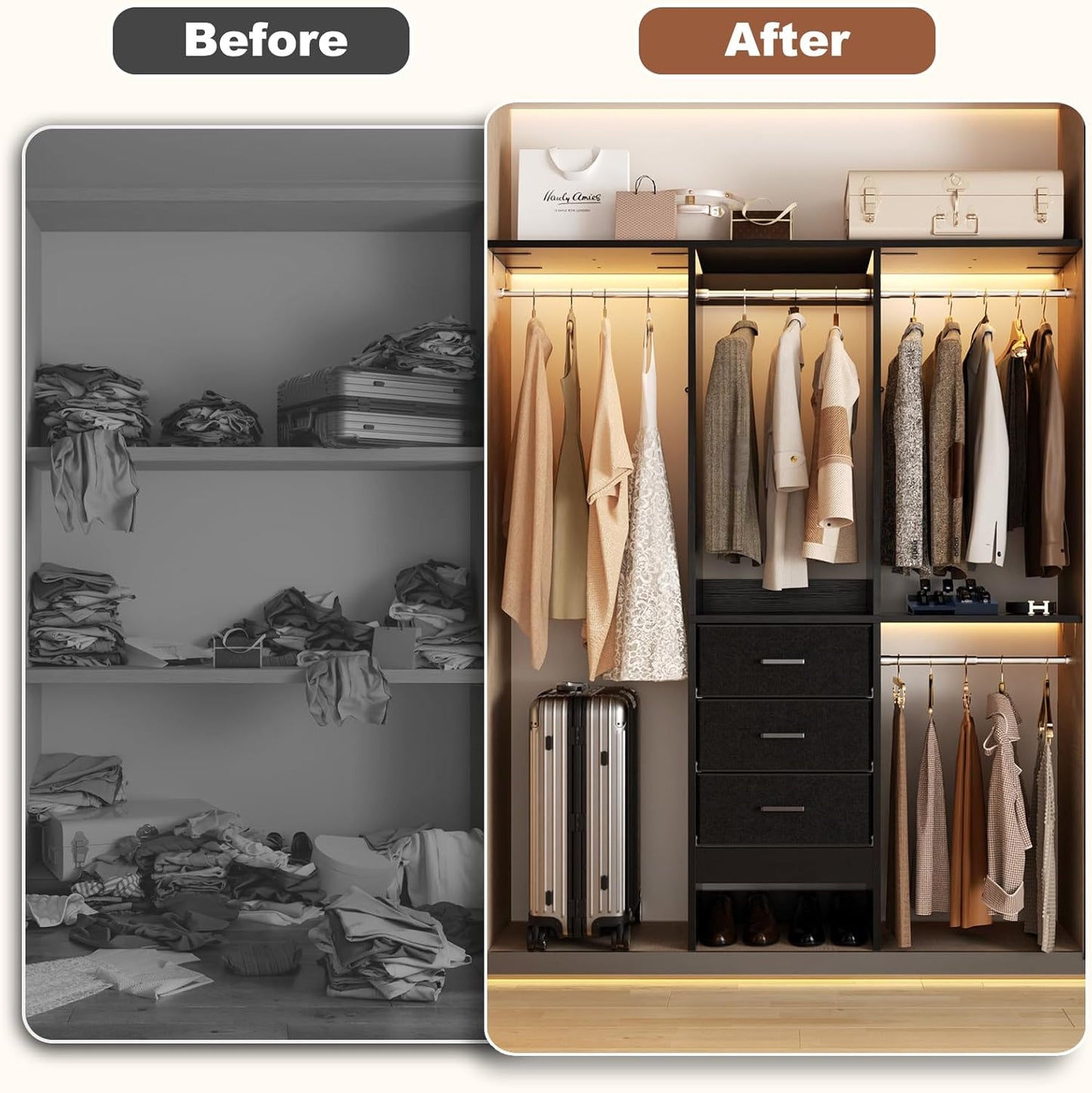 4FT Small Closet System with 3 Fabric Drawers, 48'' Closet Organizer System With 3 Adjustable Shelves, Flexible Built-In Clothes Garment Rack for Small Space, 48" L x 13" W x 71" H, Dark Black