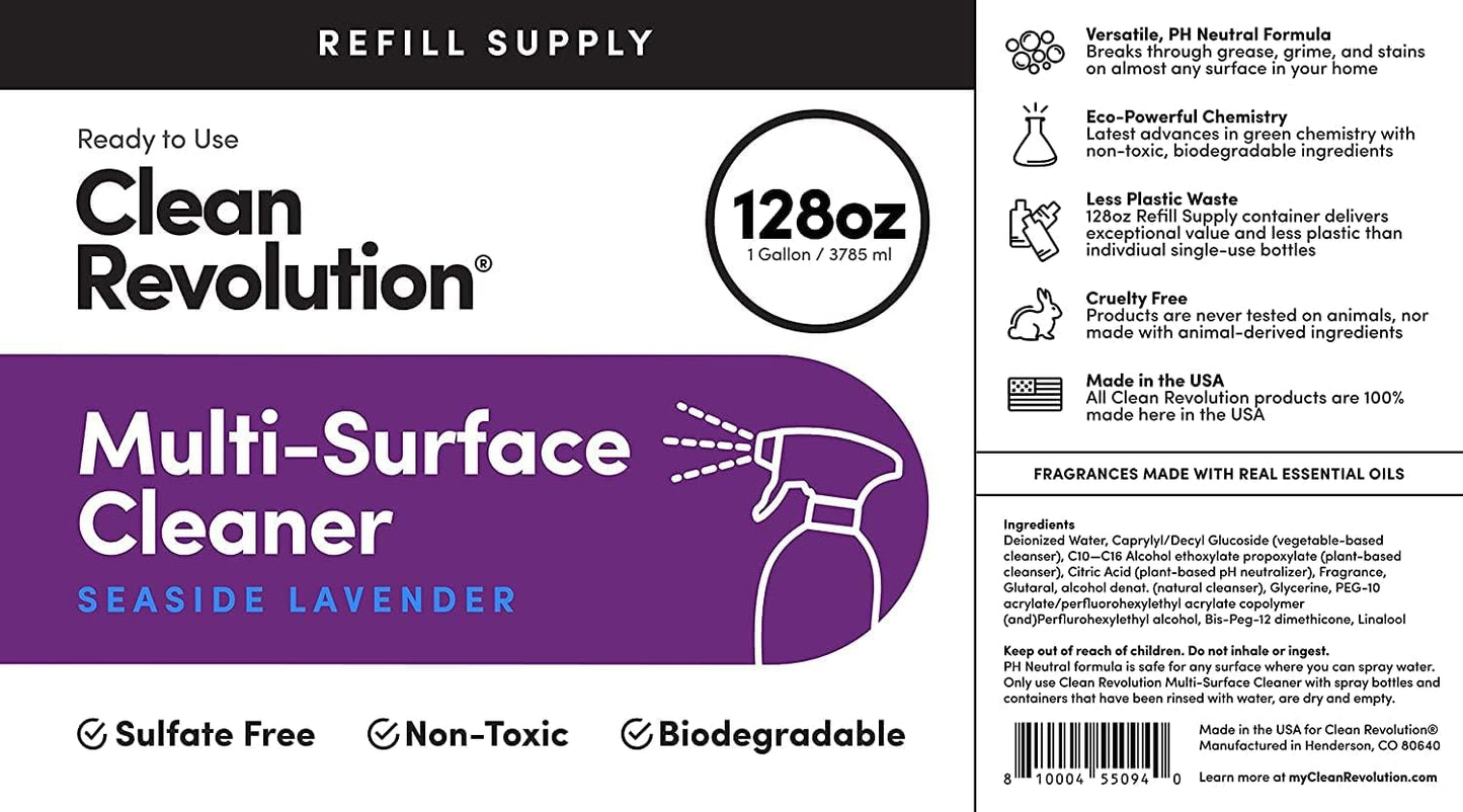 Clean Revolution Multi Surface Cleaner Refill Supply, Non-Toxic, Eco-Friendly & Plant-Based, Ready to Use, Seaside Lavender, 128 Fl Oz (Pack of 4)