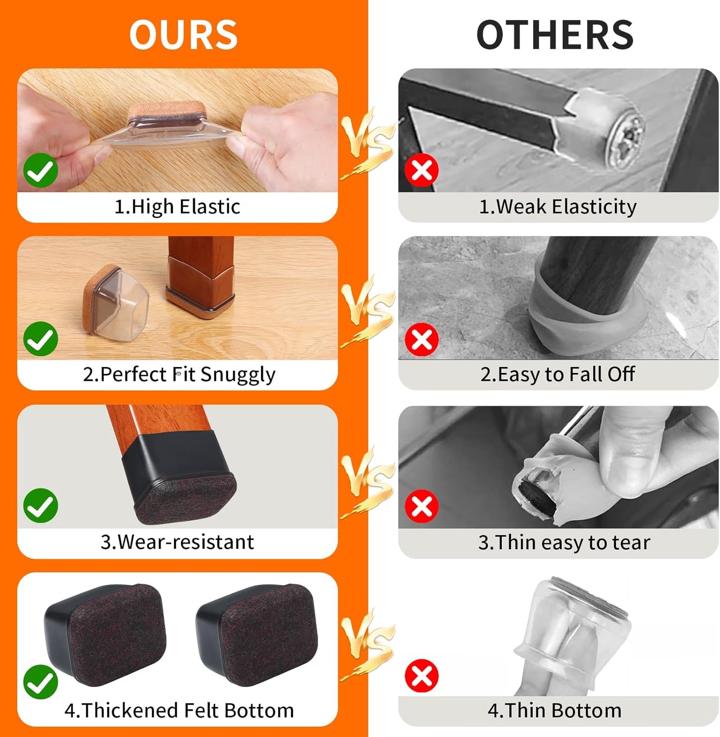 Ezprotekt 16 Pcs Rectangle Clear Silicone Chair Leg Floor Protectors with Felt, Rectangle Chair Leg Caps, Furniture Leg Covers Cups for Chair Table Desk Anti- Scratches (Fit L :1.3-1.7", W: 0.6-0.9")