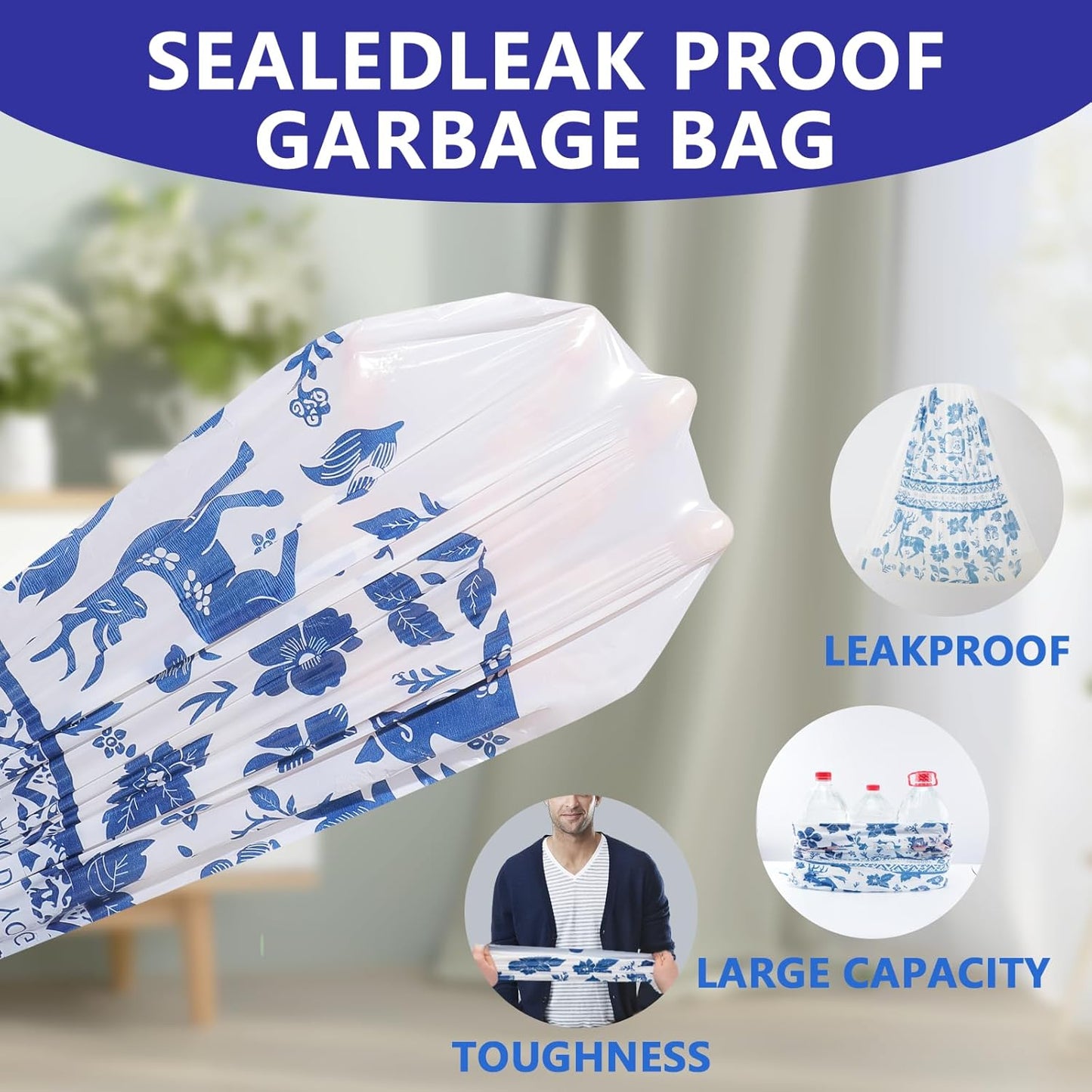 VOK Trash Bags 13 Gallon with Drawstring, Leakproof Printed Garbage Bags 13 Gallon Tall Kitchen, Tear-Resistant & Odor Control Kitchen Trash Bags for Home, Colored Portable Garbage Bags, 80 Counts