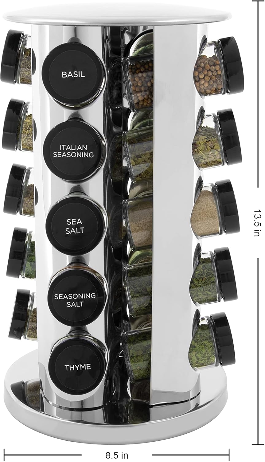 Kamenstein 20 Jar Revolving Countertop Spice Rack with Spices Included, FREE Spice Refills for 5 Years, Polished Stainless Steel with Black Caps, 30020 (Pack of 3)