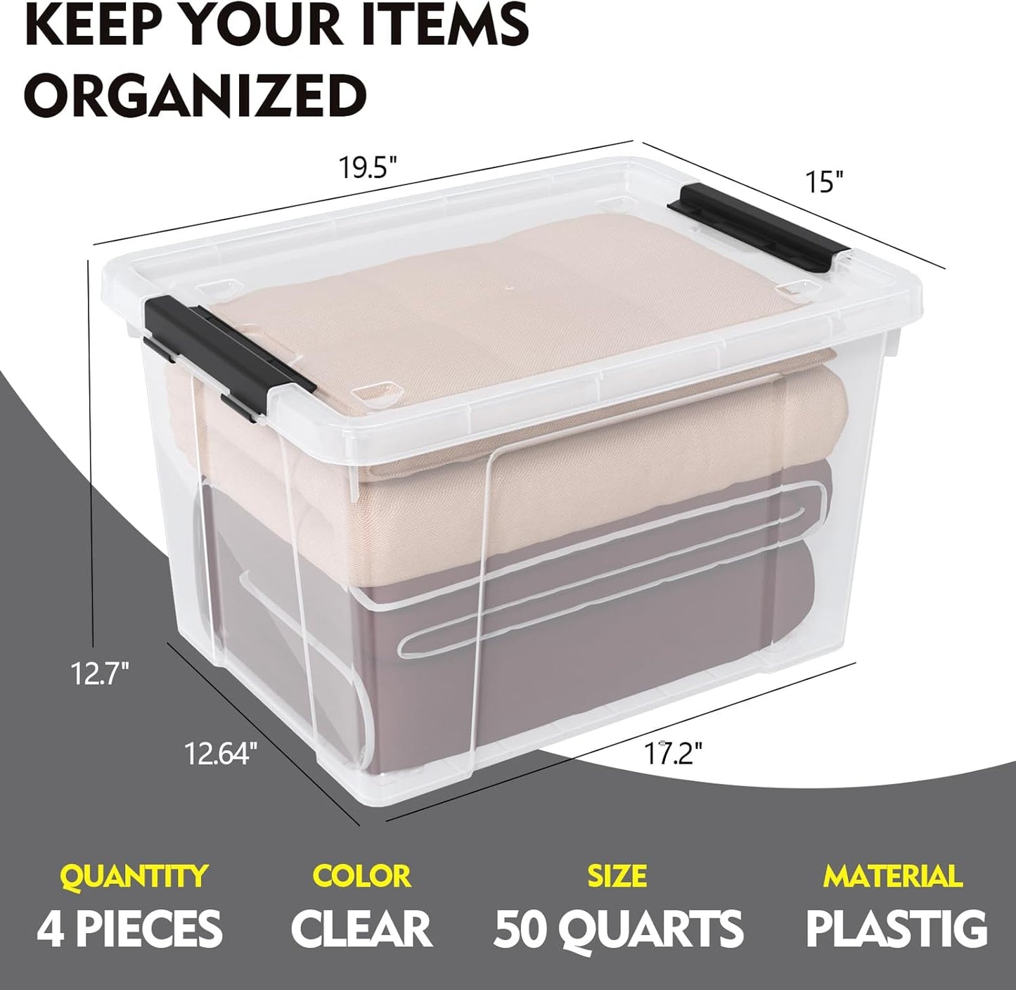 4 Pack Large Clear Plastic Storage Bins with Latching Lids, 50 Quart Plastic Storage Container with Wheels, Clear