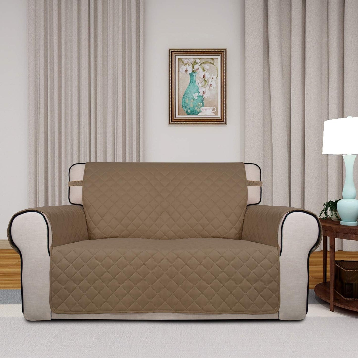 PureFit Reversible Quilted Sofa Cover, Water Resistant Medium Slipcover Furniture Protector, Washable Couch Cover with Non Slip Foam and Elastic Straps for Kids, Dogs, Pets (Loveseat, Camel/Ivory)