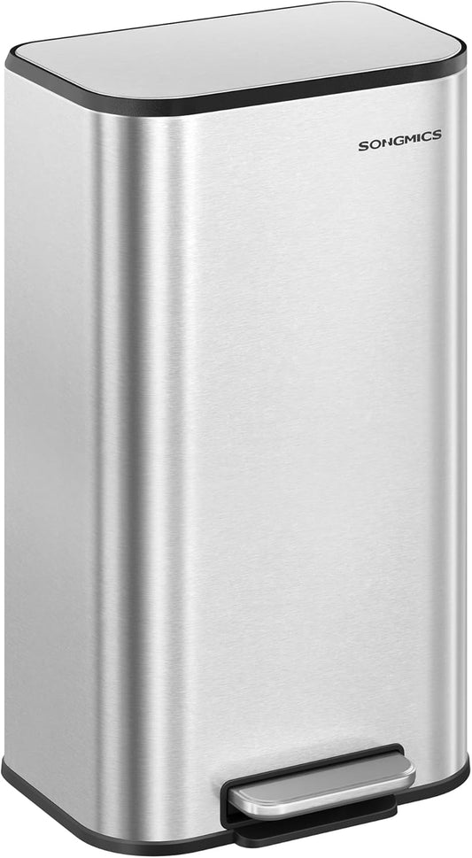 SONGMICS Kitchen Trash Can, 8-Gallon (30 L) Garbage Can with Lid, Stainless Steel, Soft Close and Stays Open, Inner Bucket, Wide Non-Slip Pedal, Metallic Silver ULTB546E01