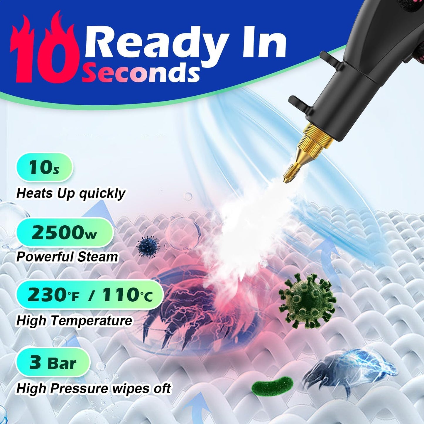 Handheld Steam Cleaner,2500W High Temperature High Pressure Steam Cleaner with 3 Brush Heads, Portable Steam Cleaner with 1.5L Tank For Car Detailing Kitchen Bathroom Floors