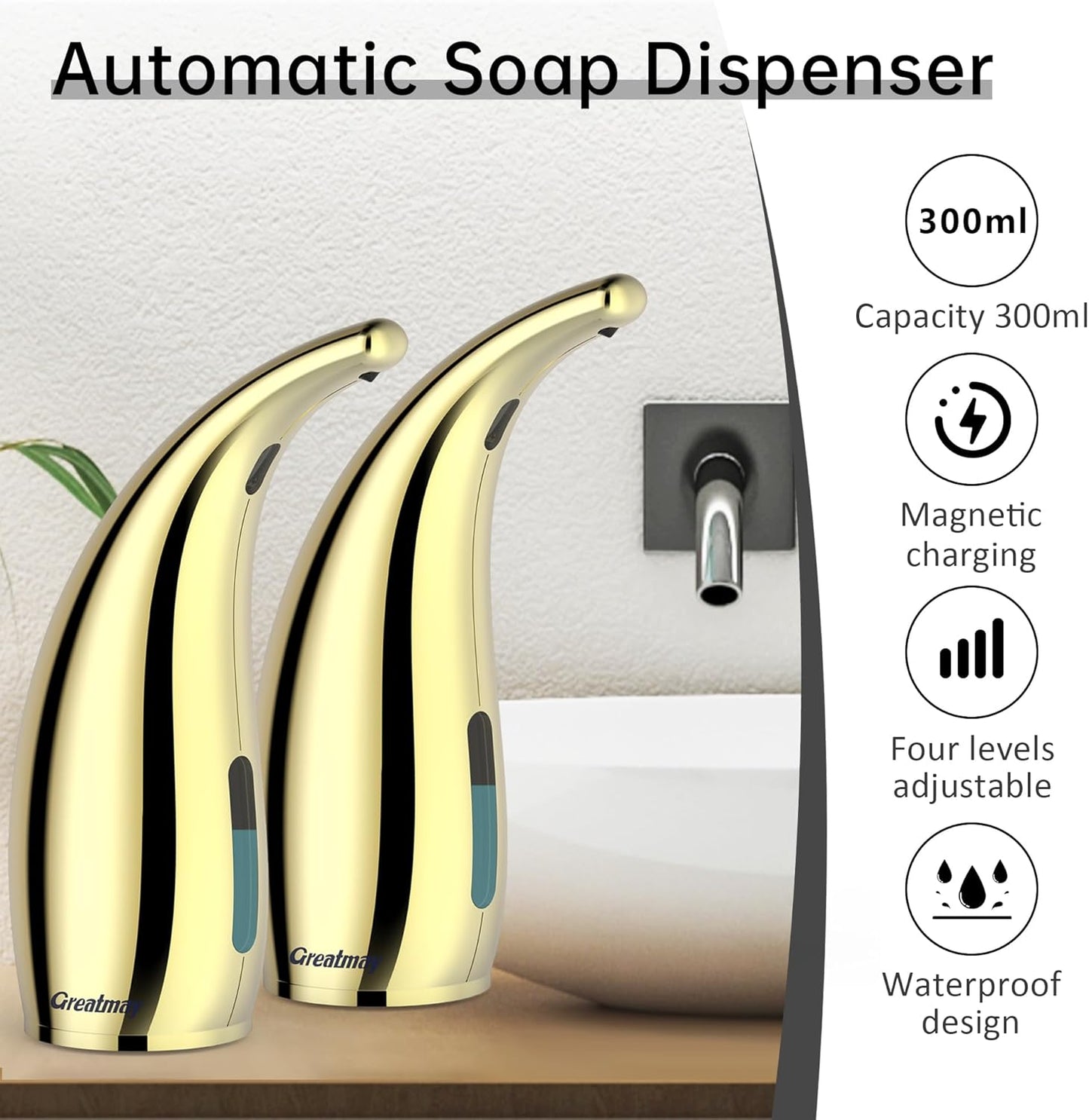 Adjustable Automatic Soap Dispenser Touchless, 4 Adjustable Levels Touchless Sensor Liquid Soap Pump Dispenser，300ml Rechargeable Magnetic Charging Hand Soap Dispenser for Kitchen，Bathroom