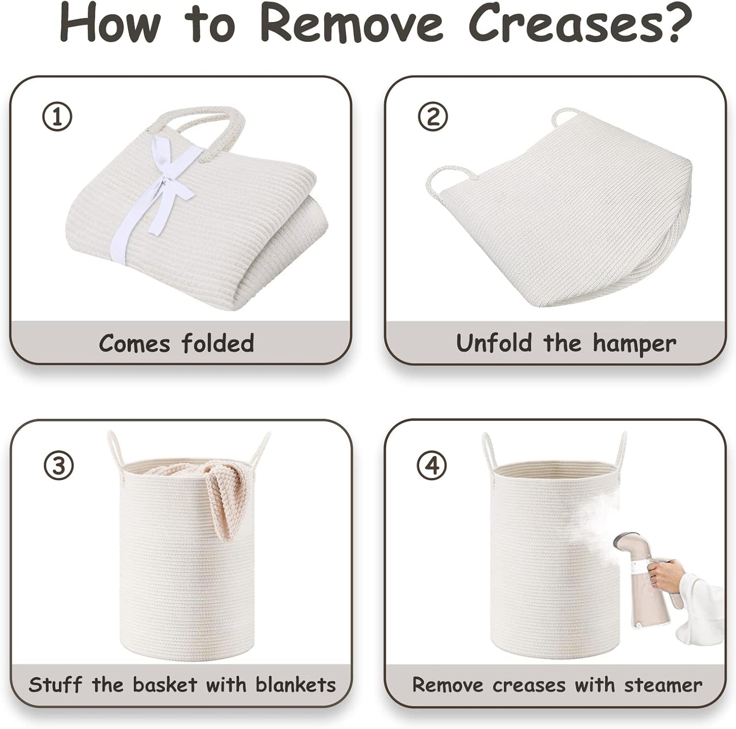 VIPOSCO Large Laundry Hamper, Tall Woven Rope Storage Basket for Blanket, Toys, Dirty Clothes in Living Room, Bathroom, Bedroom - 72L White