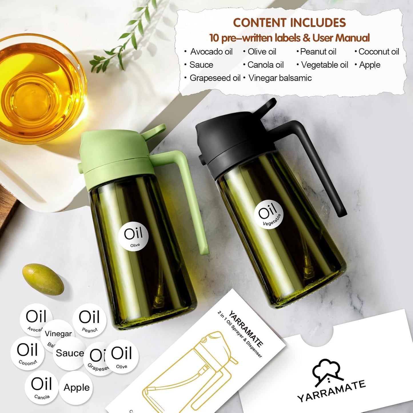 YARRAMATE 2PCS 16oz/470ml Oil Sprayer for Cooking with Stickers, Food-Grade 2 in 1 Olive Oil Dispenser Bottle for Kitchen, Premium Dark Green Glass Oil Bottle for Air Fryer, BBQ (White & Green)
