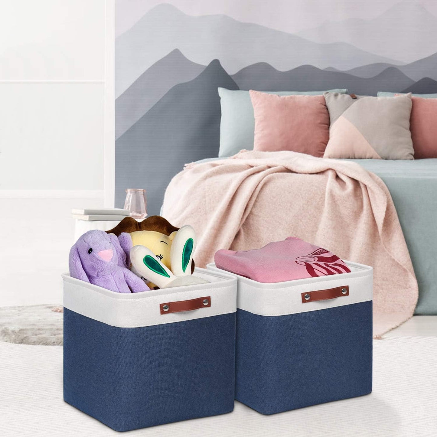 Univivi 13 inch Storage Baskets with Hard Bottom 4 Pack 13 x 13 x13 Cube Storage Bins Foldable Fabric Storage Bins for Shelves, Closet(Blue, Hard Bottom-13 Inch)