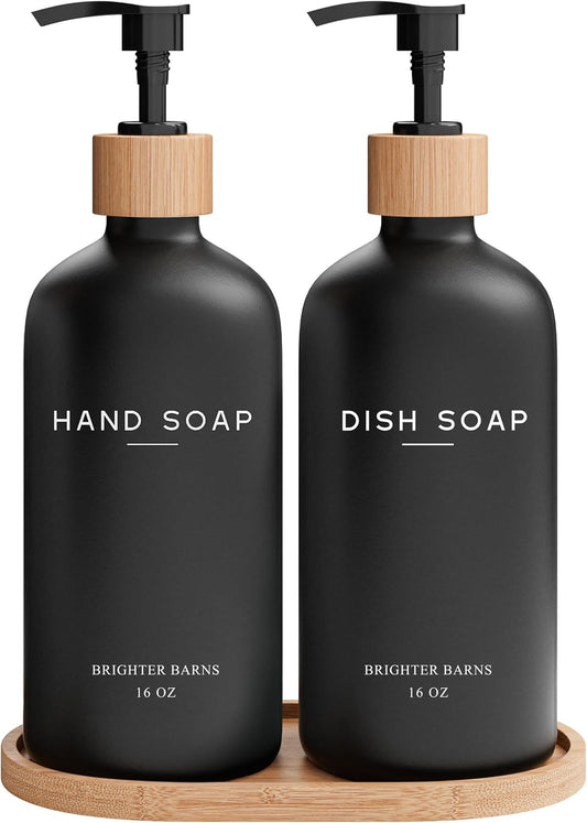 Black Glass Hand and Dish Soap Dispenser Set by Brighter Barns - Kitchen Soap Dispenser Set with Tray - Bamboo Pump Bottles for Kitchen Sink - Boho Modern Home Decor, Neutral Home Accessories (Black)