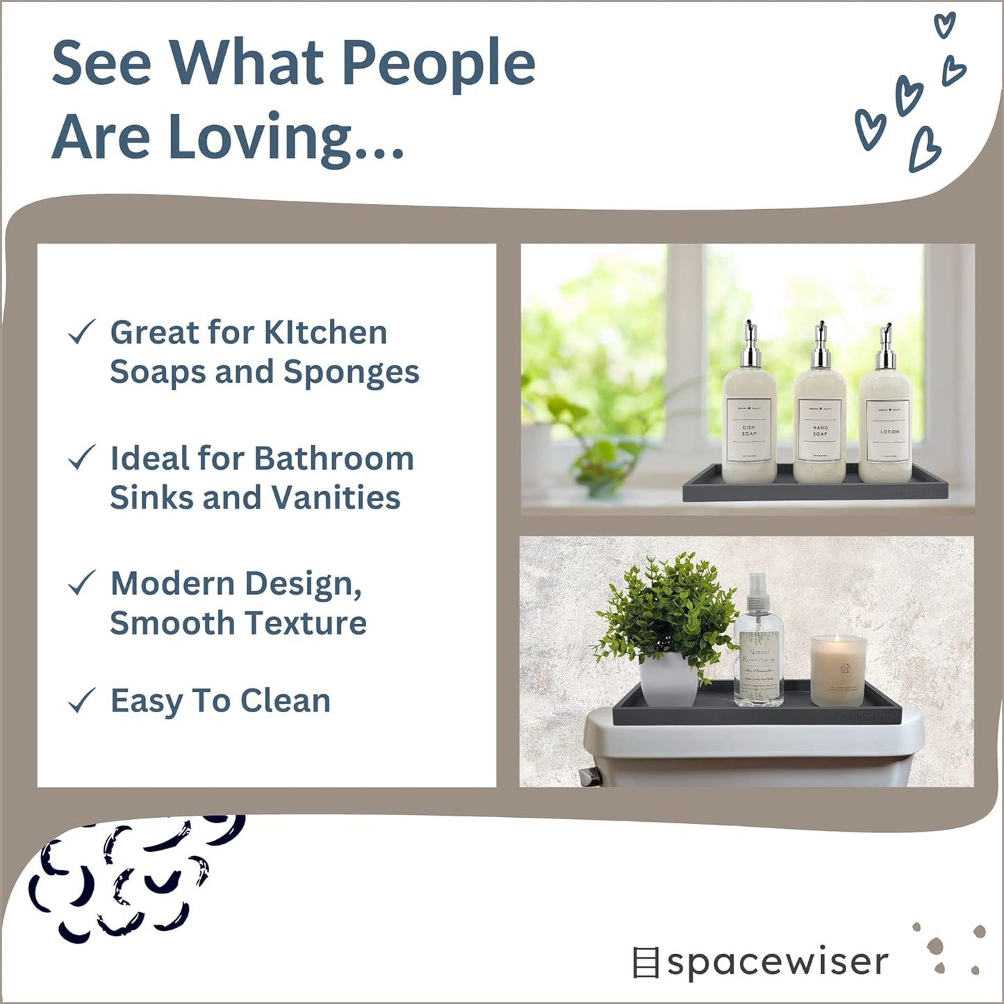 Countertop and Vanity Tray - 11.7" Silicone Bathroom Tray Countertop, Dish Soap Trays for Kitchen Counter, Sink Organizer Caddy Accessories, Toilet Plant Shower Makeup Mat Oil Holder