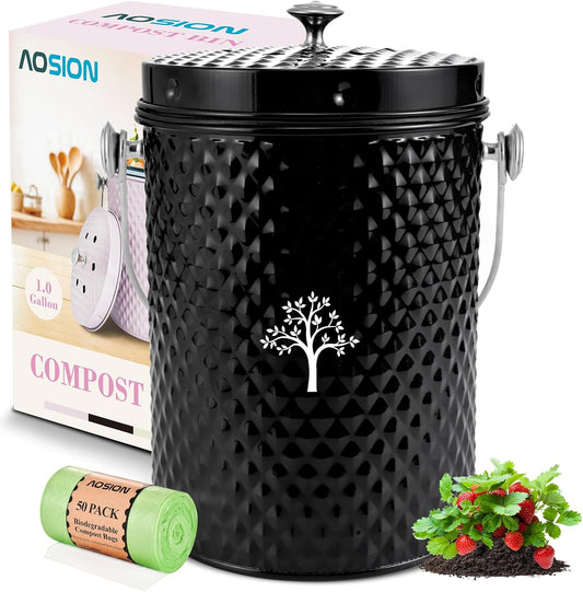 AOSION Countertop Compost Bin Kitchen，Odorless Indoor Compost Bin with Lid and Compost Bags,Compost Bucket Composter Container for Food Waste,Black