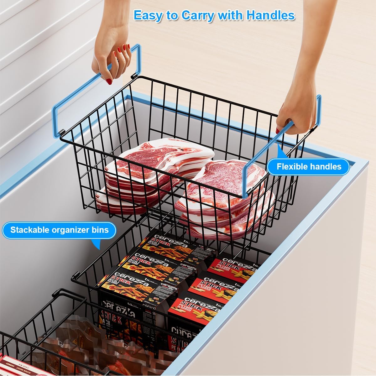 Freezer Organizer Bins, Large Capacity Stackable Baskets for Deep Chest Freezer Easy Get and Sort Bottom Frozen Meats Food Storage Containers Pantry Storage and Organization, 4pcs