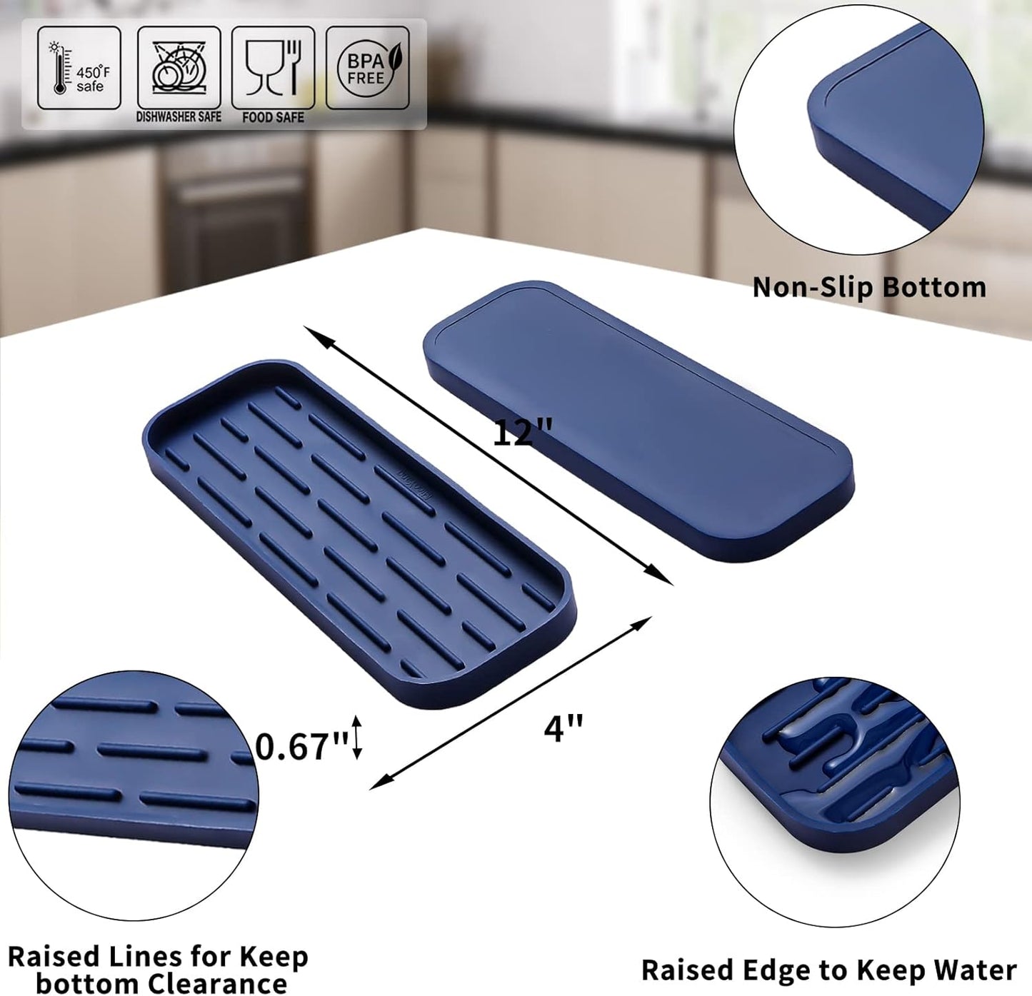 Silicone Kitchen Sink Organizer Tray for Multiple Usage,Eco-Friendly Sponges Holder for Kitchen Bathroom Counter or Sink,Dish Soap Dispenser,Scrubber,Bottle,Cup (Navy Blue, 12"×4")
