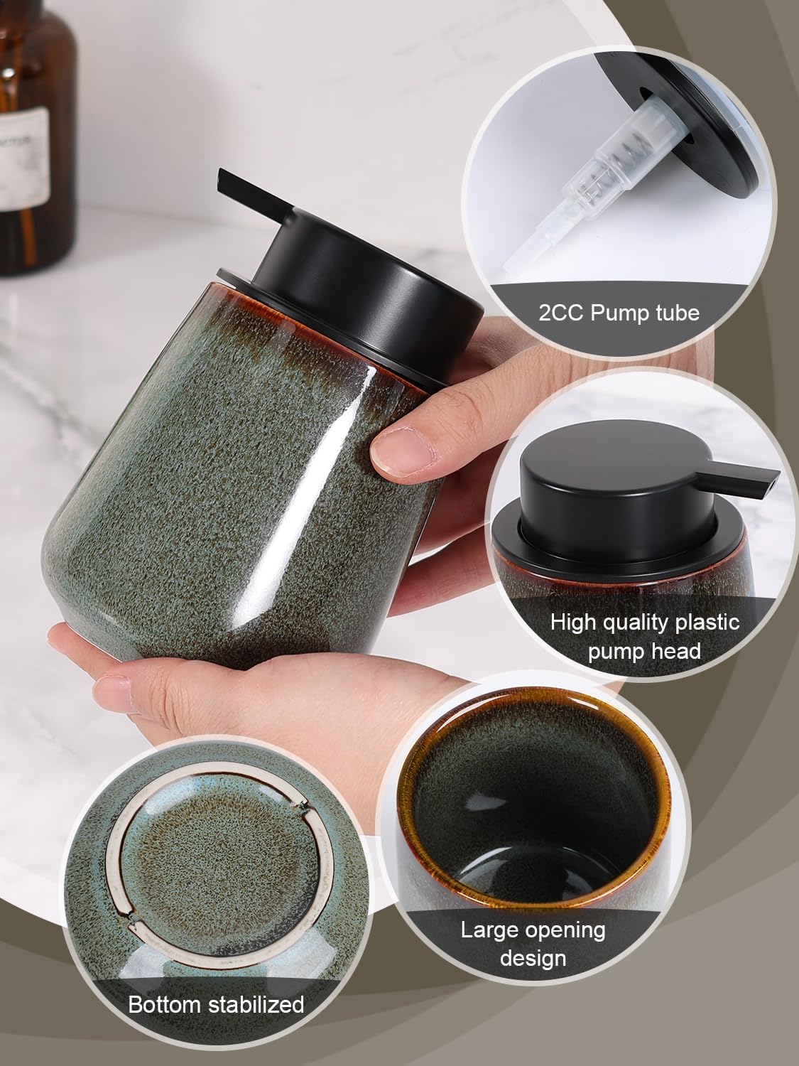 INGOFIN Ceramic Lotion Dispenser - 12 oz Refillable Hand Soap Dispenser Bathroom, Modern Liquid Dispenser with Pump, Dish Soap Dispenser for Kitchen,Kiln-Glazed Green