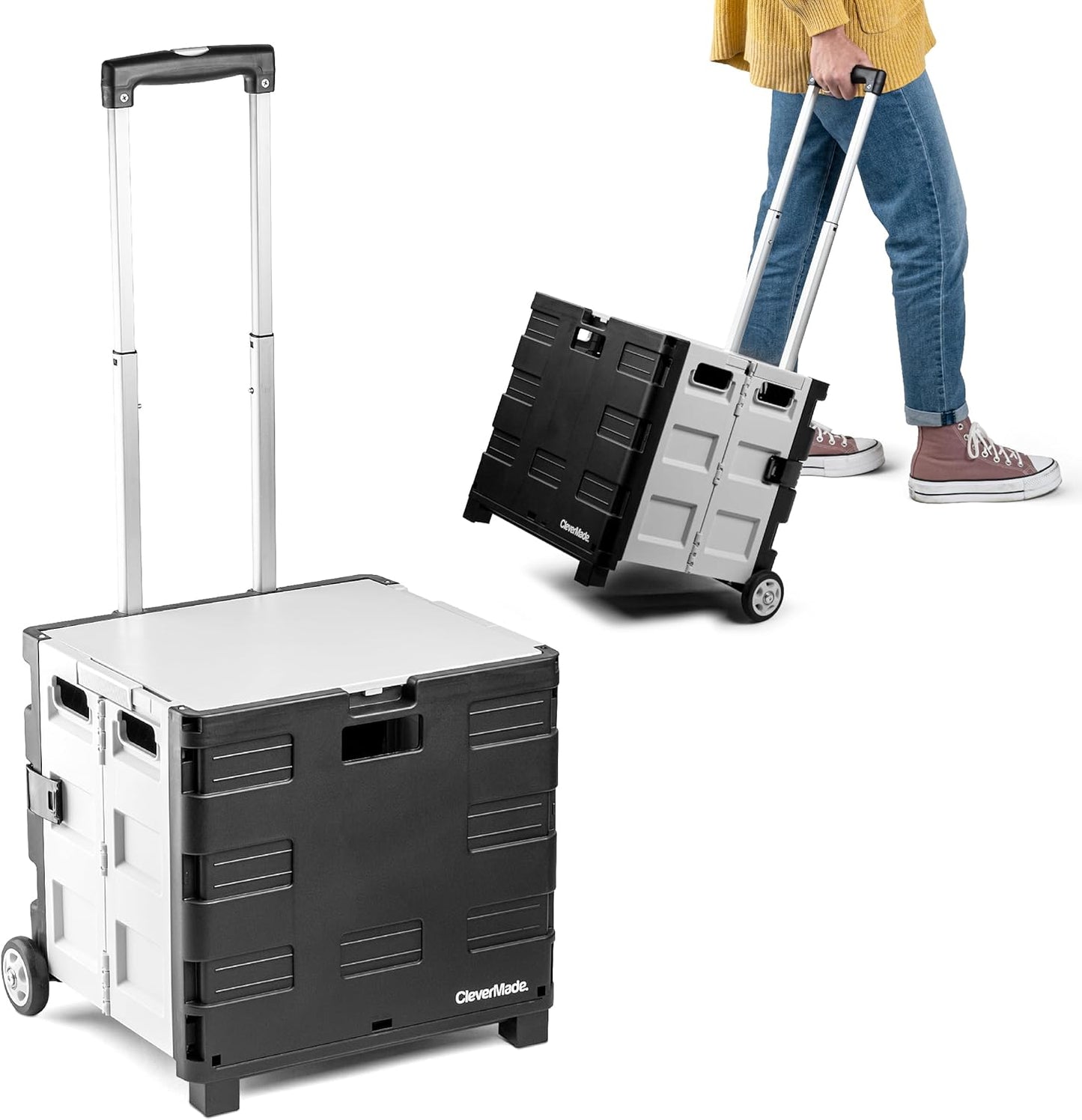 CleverMade Collapsible Wheeled Crate with Lid, 2-Wheels – Stable Rolling Crate with Handle and Large Wheels for Fragile Items, Heavy Loads and Easy Storage - 35L and 75lb Capacity, Black/Cream