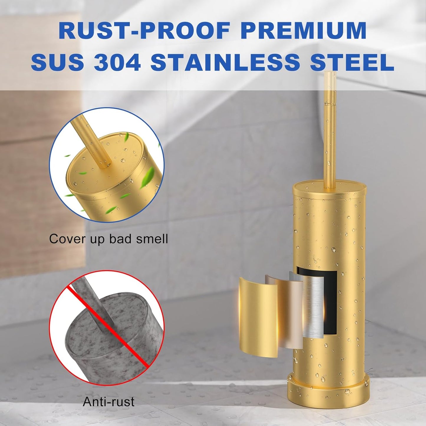 Toilet Brush and Holder Set: 304 Stainless Steel Brushed Gold Toilet Bowl Brush and Holder with Removable Inner Bowl and Splash Protection, Heavy Duty Long Handle Bathroom Cleaning Tool