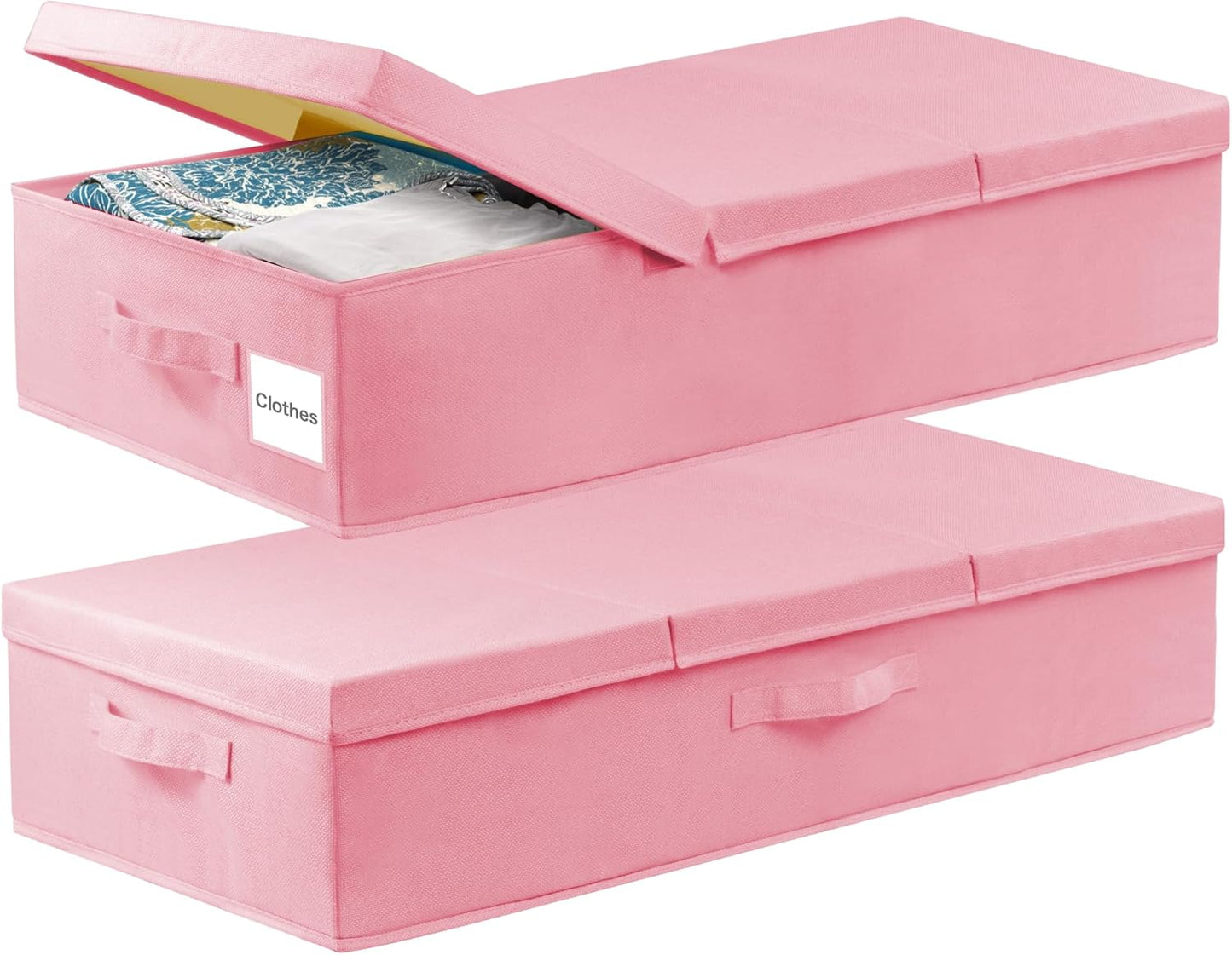 punemi Under Bed Storage With Lids, 2 Pack Pink Underbed Storage Bins Containers for Girls Daughter, Large Low Profile Stackable Drawer Organizer Box for Clothes Bedroom Couch Closet Basement