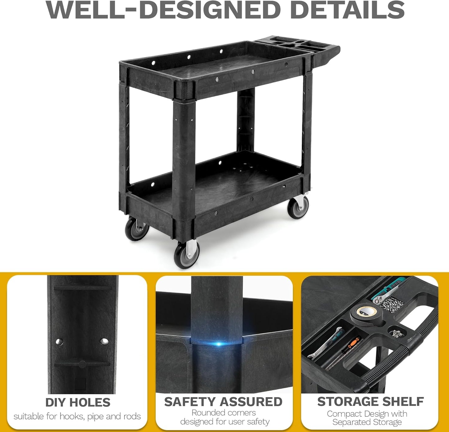 DWVO Utility Cart, 1000 lbs Capacity, 2 Shelf Heavy Duty Plastic Service Utility Cart on Wheels, Rolling Storage Work Carts Suitable for Warehouse, Garage, School & Office, Cleaning, Black