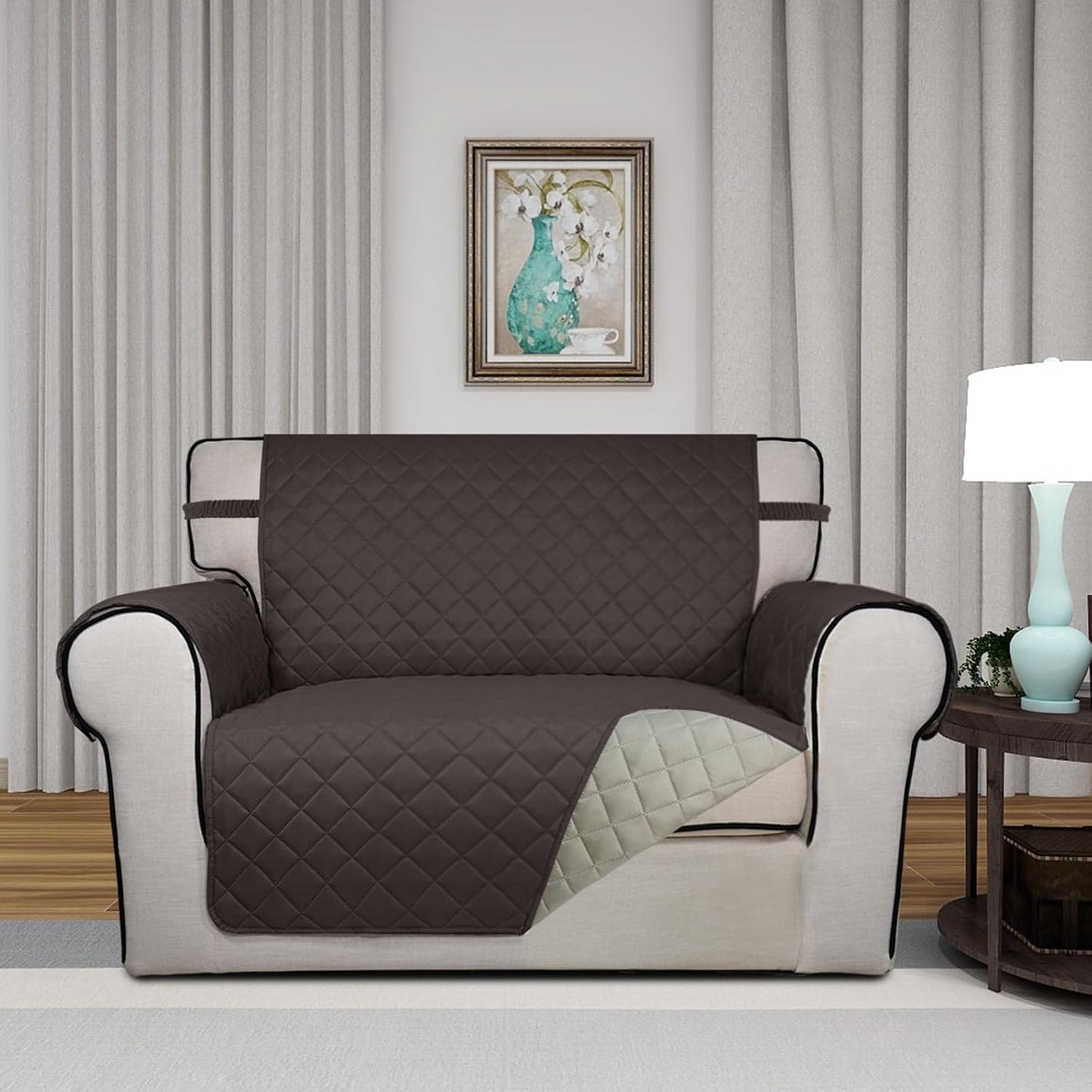 PureFit Reversible Quilted Sofa Cover, Water Resistant Slipcover Furniture Protector, Washable Couch Cover with Non Slip and Elastic Straps for Kids, Dogs, Pets (Oversized Chair, Chocolate/Beige)