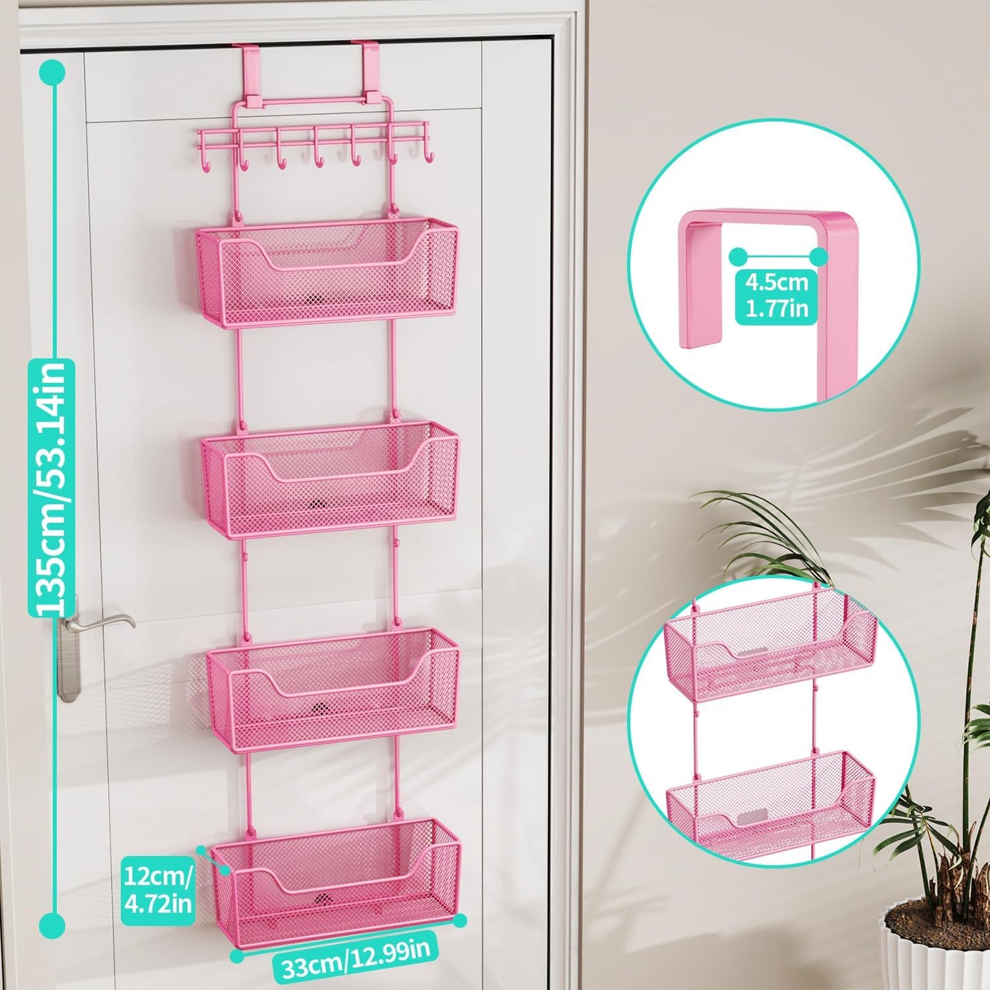 HapiRm Over Door Organizer Storage - Hanging Door Organizer with 4 Metal Large Capacity Baskets and Adjustable Coat Hook for Bathroom Bedroom Kitchen Pantry Closet Cabinet