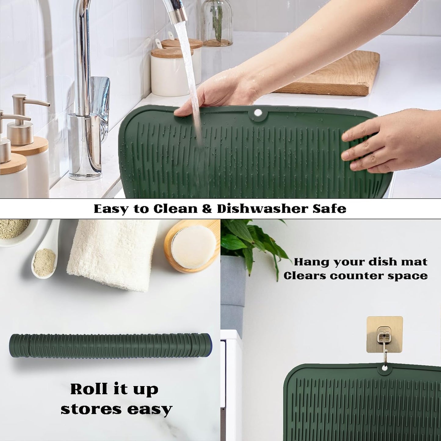 ZLR Silicone Dish Drying Mat for Kitchen Counter, Eco-Friendly Fast Dry Dish Mat, Easy Clean Multi Usage Drying Matt, Heat Resistant Trivet, 16" x 18" XL, Dark Green