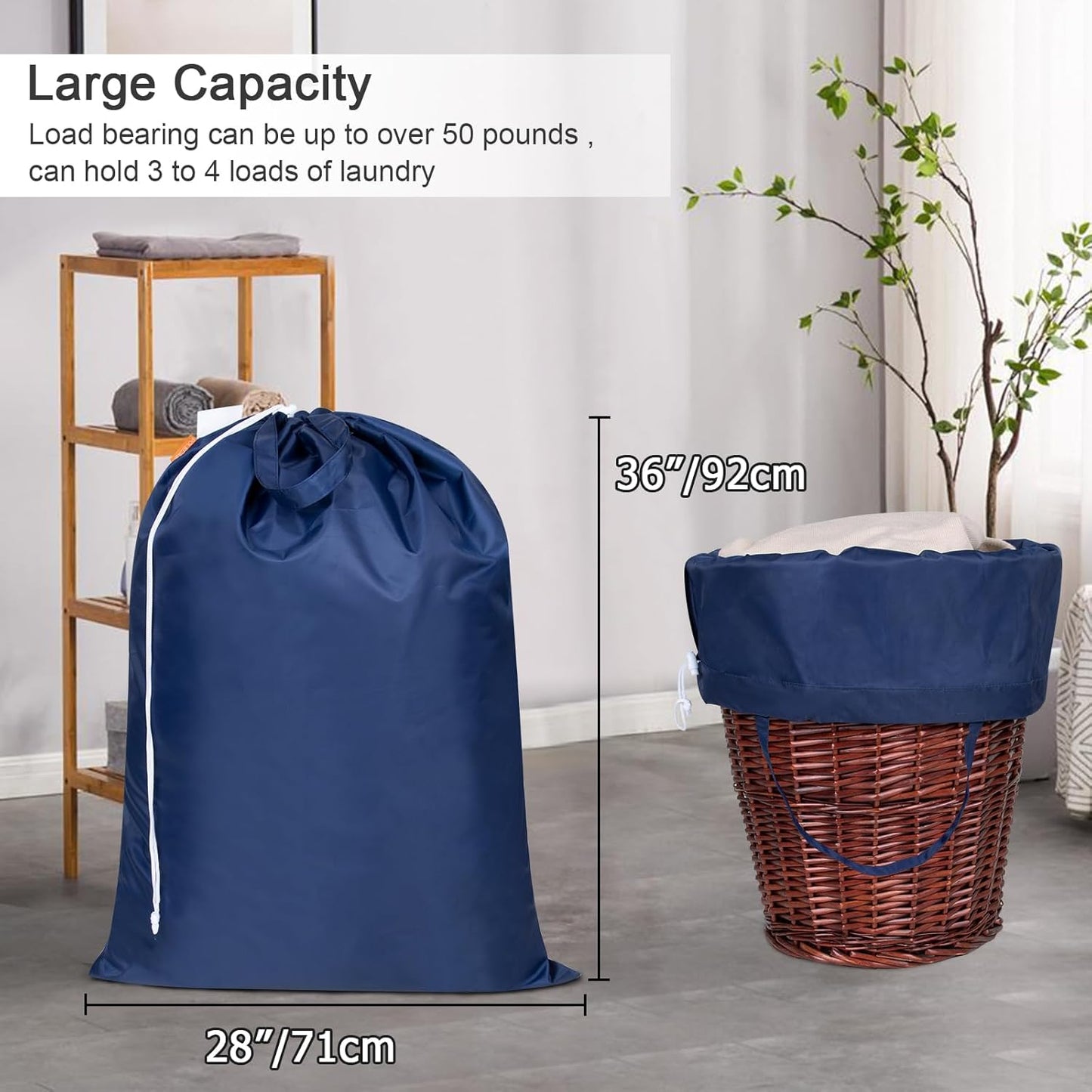 Polecasa Heavy Duty Large Laundry Bag with 130gsm Tear Resistant Fabric and Handles, Easy to Carry Dirty Clothes Drawstring Bag,Perfect for College Dorm, Travel, 2 Pack 28”x36”, Navy