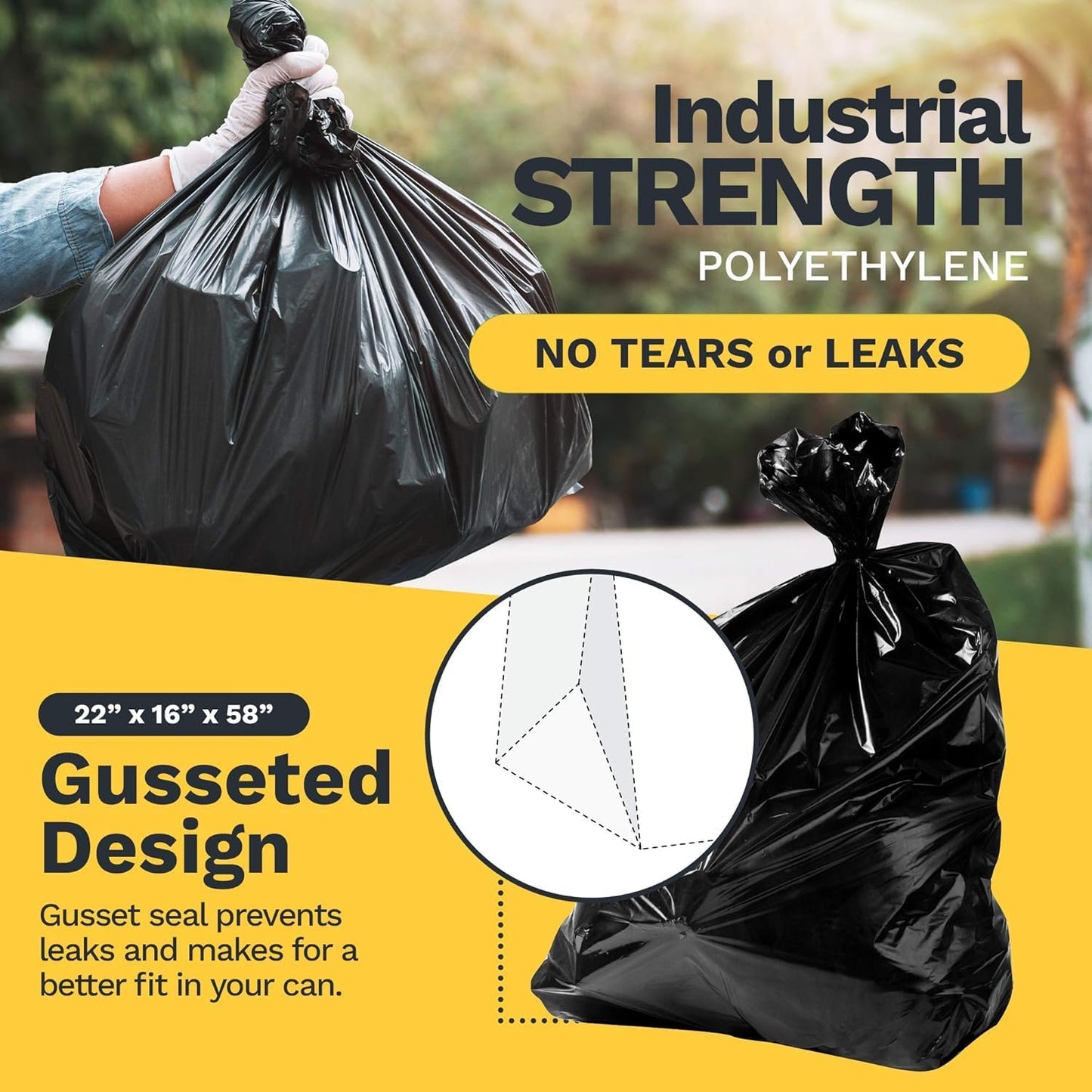 ToughBag 55 Gallon Trash Bags Heavy Duty (100 Count) - 50-60 Gallon Black Garbage Bags, Large Trash Bags - 38 x 58" - Made in USA