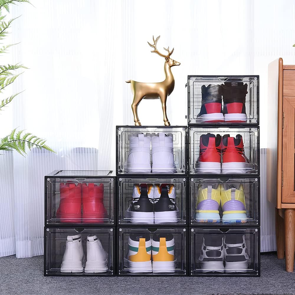 8 Pack Shoe Boxes Clear Plastic Stackable, Drop Front Shoe Storage Organizer for Closet, Sneaker Storage with Magnetic Door, Shoe Display Containers Fit US Size 12(13.4”x 10.6”x 7.5”) Black