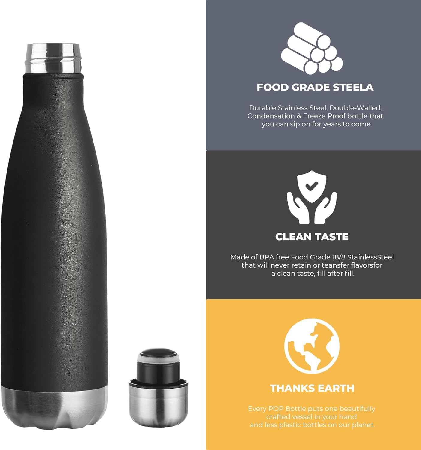 MEWAY 17oz Sport Water Bottle 4 Pack Vacuum Insulated Stainless Steel Leak-Proof Double Wall Cola Shape Water Bottle,Keep Drinks Hot & Cold (Black,4 Pack)