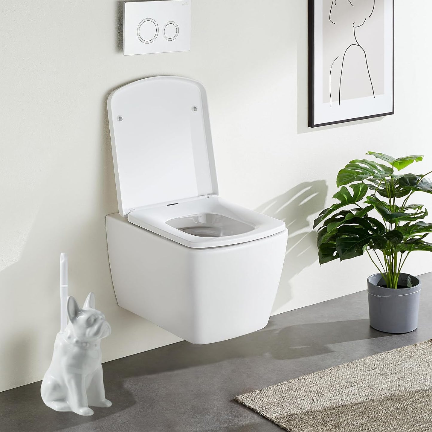 Comeon Ceramic Dog White/Black Toilet Brush and Holder Set, Plastic Handled Scrub Brush for Bathroom Cleaning,13.7"*6.3" (White)