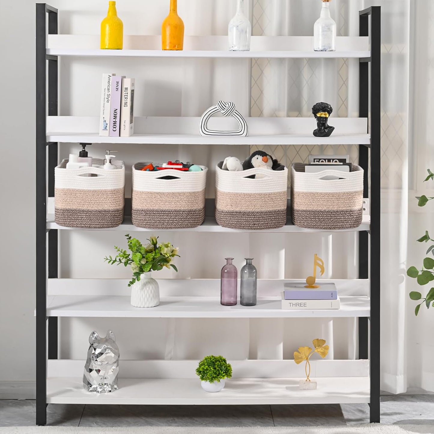 Storage Baskets for Organizing & Shelves, Woven Cotton Rope Organization Bins for Dog Toys, Clothes, Books, Nursery Organizer, 15"Lx11"Wx9.5"H, (4 Packs) Gradient Brown