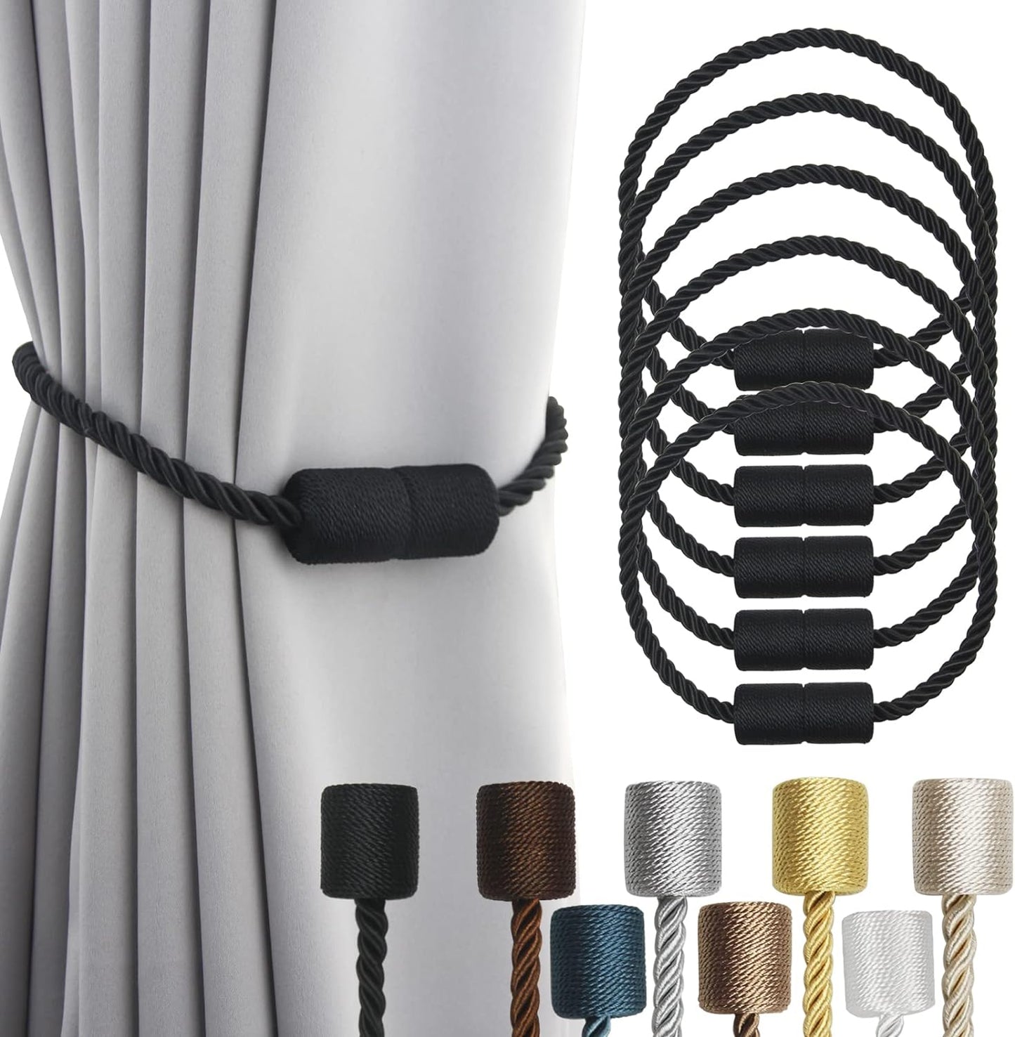 6 Pack Black Strong Magnetic Curtain Tiebacks Outdoor Elegant Decorative Tie Backs Modern Rope Tiebacks for Drapes Window Curtain Holdbacks for Draperies
