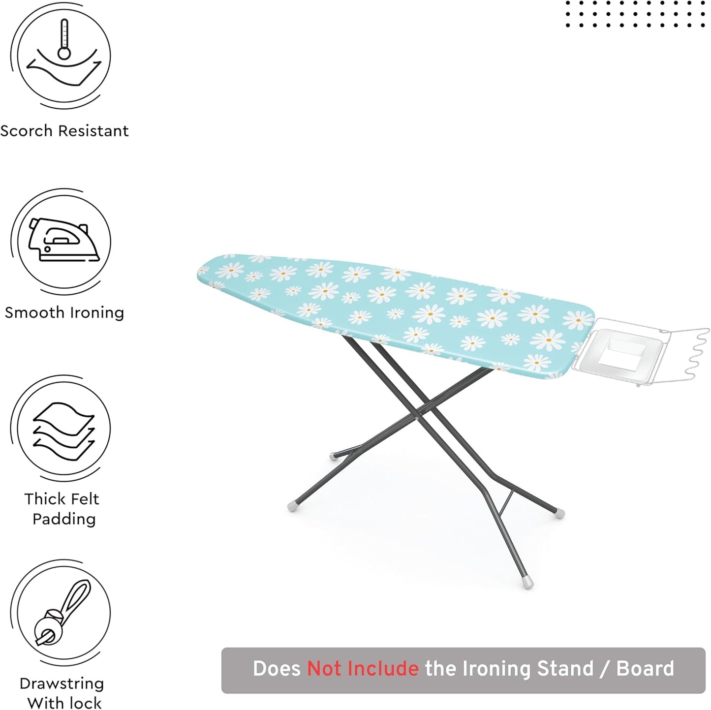 Encasa XO Ironing Board Cover and Pad 42"x14" - Thick 3mm Felt Padding, Drawstring Tightening & Lock, Easy Fit, Scorch & Stain Resistant, Fits Medium Ironing Board - Daisy Blue
