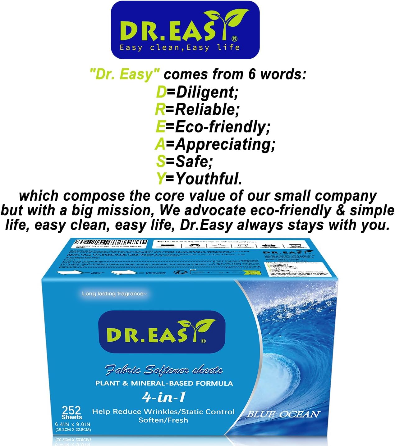 DR.EASY Dryer Sheets Plant Based Formula 252 Ct BLUE OCEAN,Softener sheets for Laundry Unscented No Dyes Reduce Static & Wrinkles Help Repel Pet Hair