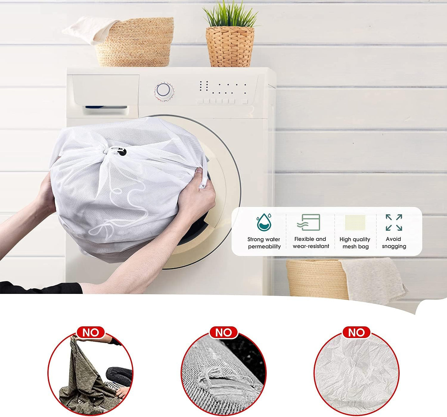 OTraki 2 Pcs Large Mesh Laundry Bags, 24X36 Inch Heavy Duty Drawstring Laundry Wash Bag, Dirty Clothes Laundry Hamper Liner Machine Washable Storage Bag for Travel Dorm Camp Hotel Beach White