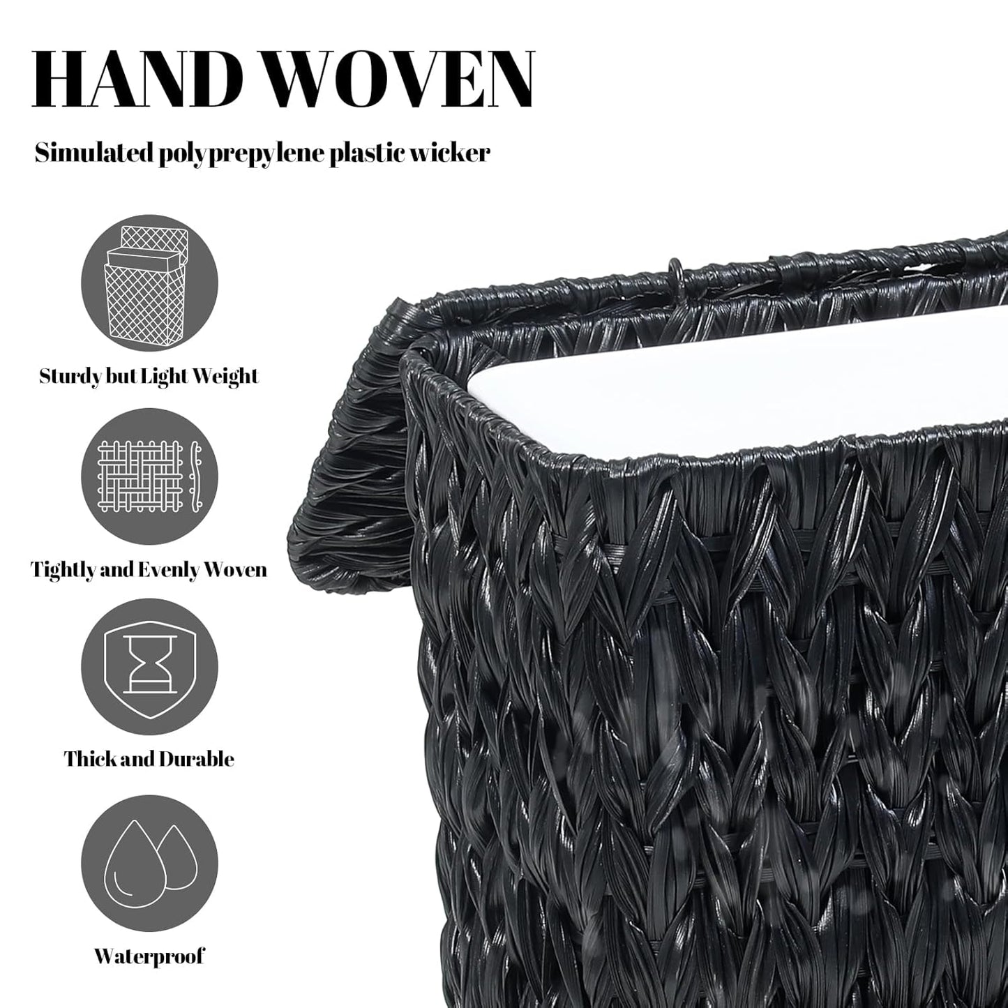 Black Wicker Trash Can with Lid and Liner,Waterproof Narrow Waste Basket for Bathroom,Bedroom,Office,3 Gallon