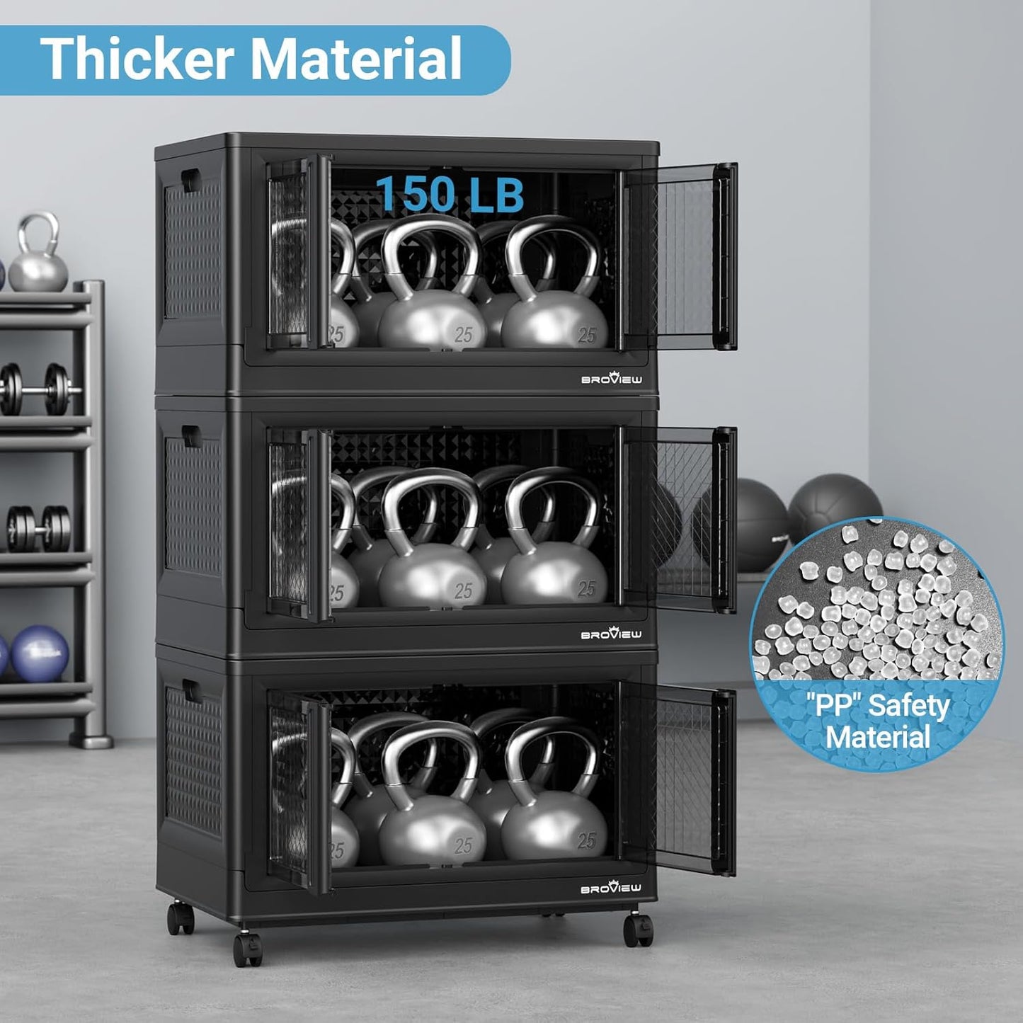 BROVIEW 120Gal Stackable Storage Bins with Lids & Wheels, 480Qt Plastic Collapsible Closet Organizer and Storage Drawers, Storage Boxes Cabinets for Home, Office, 6 Pack, Black