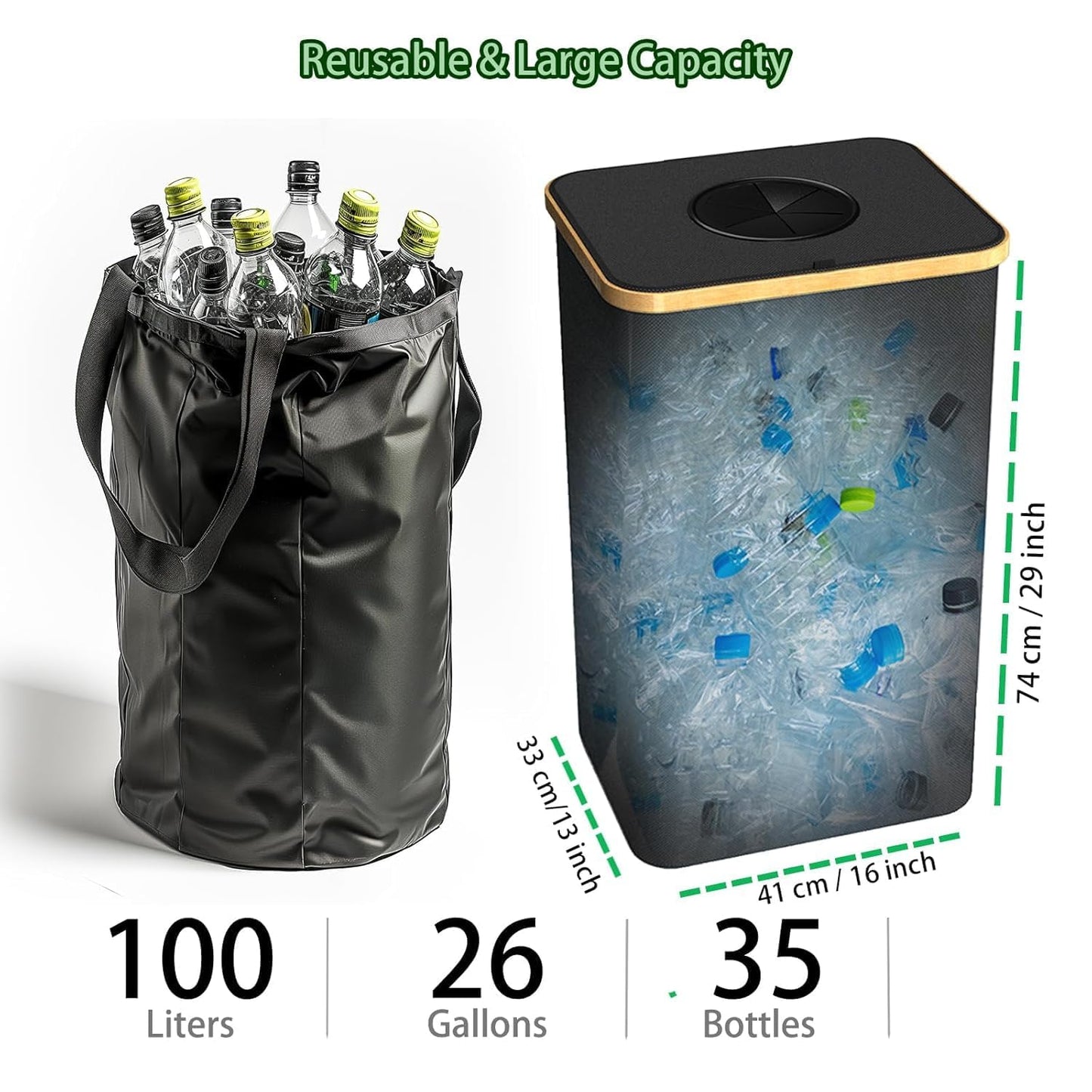 Recycling Bin for Kitchen Indoor Home, Large 100L/ 26 Gallon Recycle Bin with Lid Removeable Reusable Inner Bag Bottle Can Glass Waste Plastice Stickers (Green, 26 Gallon)