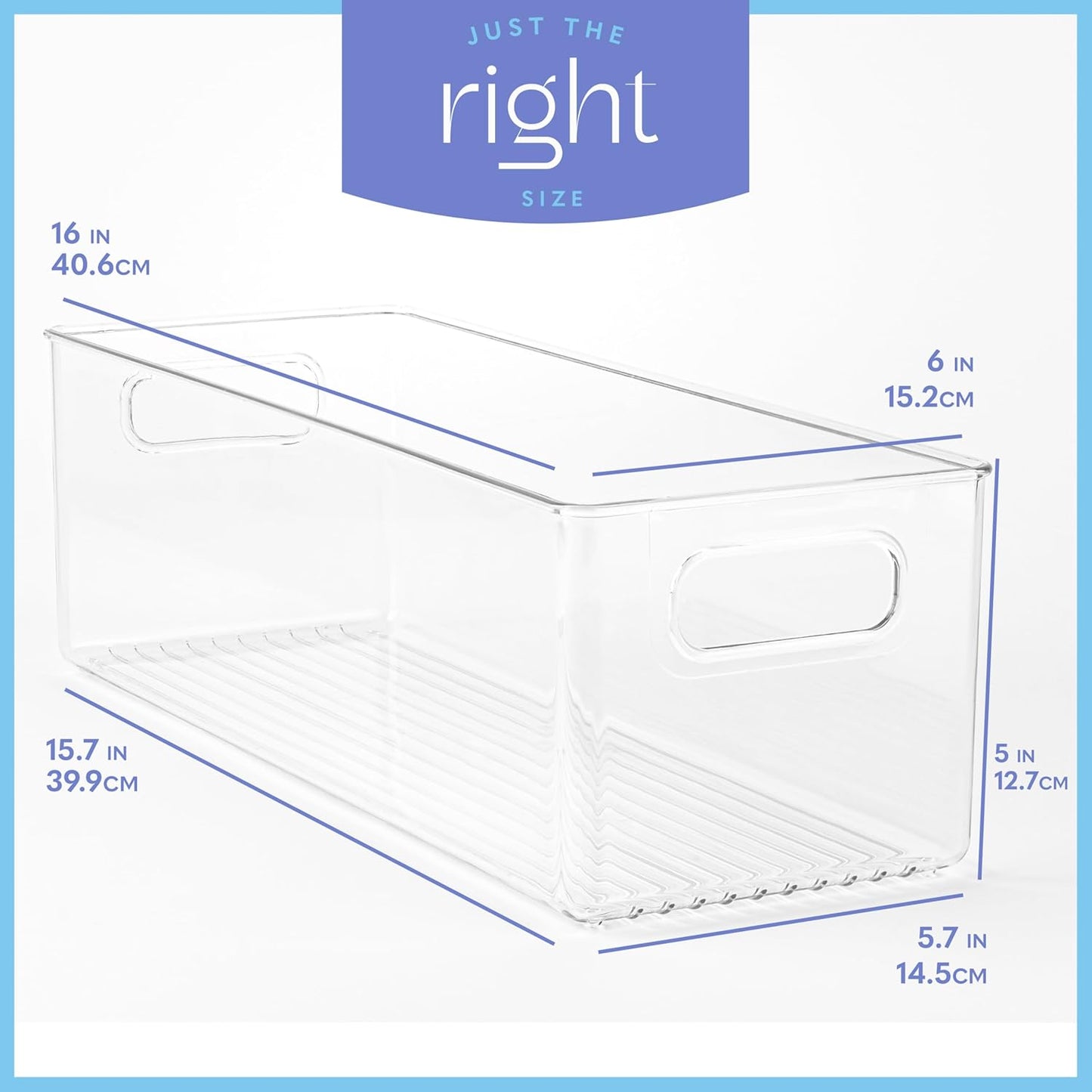 Plastic Food Storage 6 Pack Clear Container Bin with Handles for Organizing Kitchen, Pantry, Refrigerator, Freezer, Pantry, Cabinet, Closet, Bathroom. 16”x6”x5”