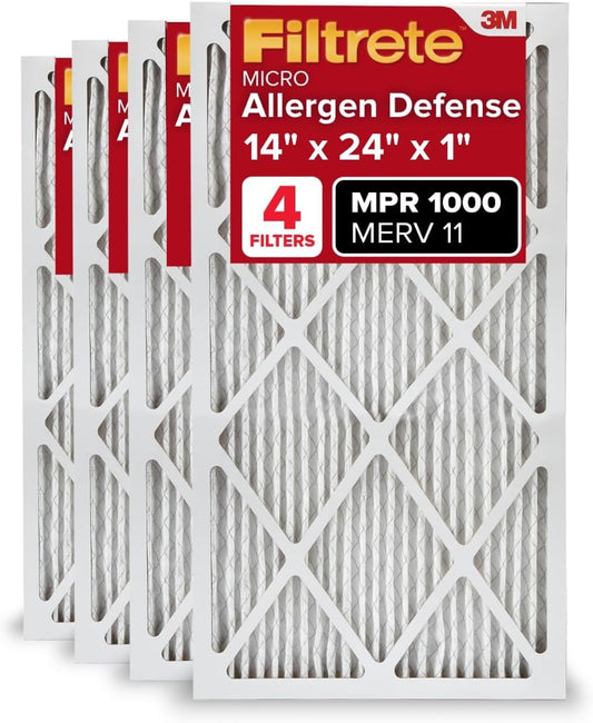 Filtrete 14x24x1 AC Furnace Air Filter, MERV 11, MPR 1000, Micro Allergen Defense, 3-Month Pleated 1-Inch Electrostatic Air Cleaning Filter, 4 Pack (Actual Size 13.81 x 23.81 x 0.81 in)