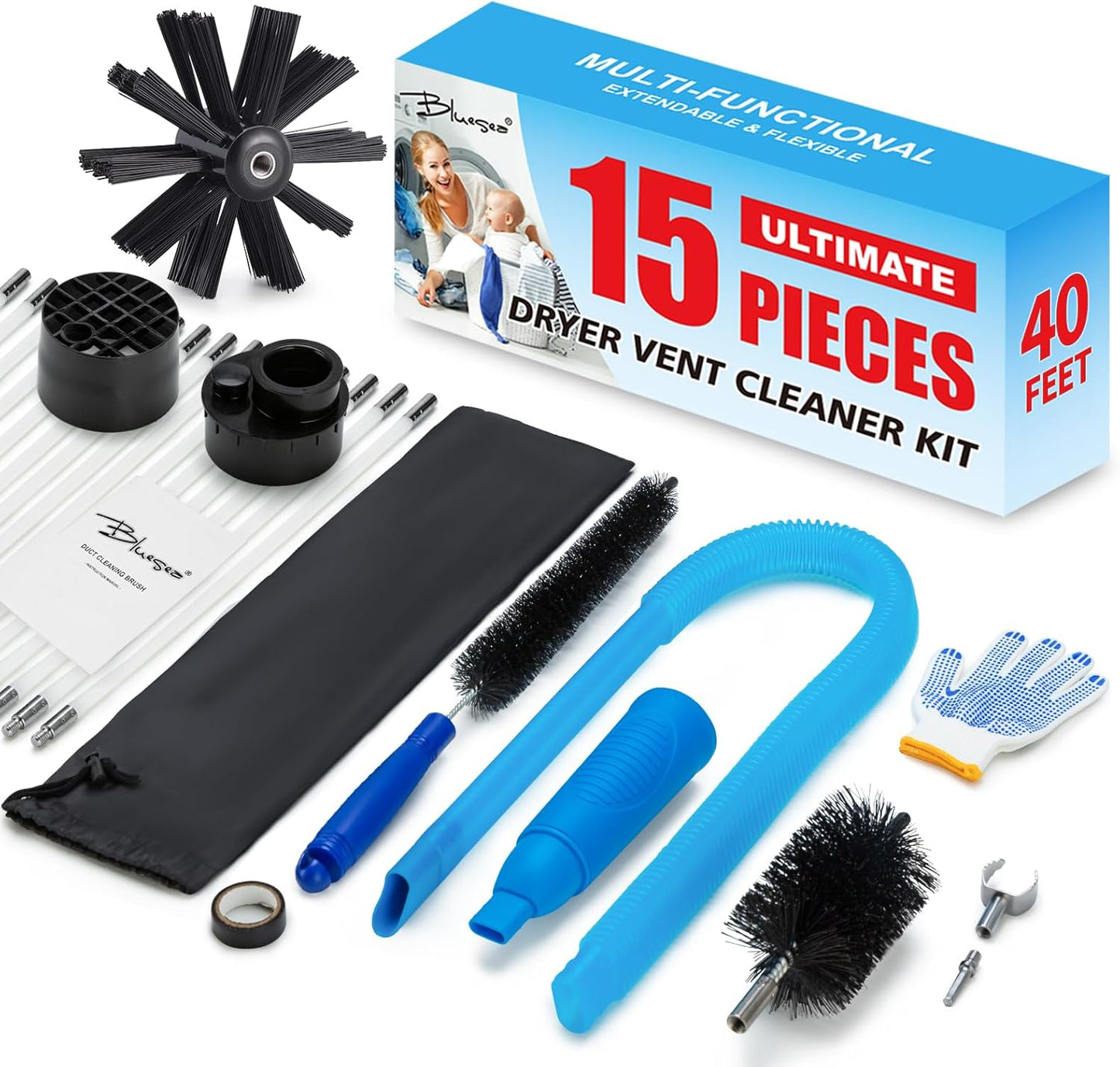 BLuesea Dryer Vent Cleaner Kit, 15-Piece Ultimate Dryer Cleaning Kit Include 40 Feet Dryer Vent Brush, Upgrade Noiseless Dryer Lint Vacuum Attachment, Lint Trap Brush, Vacuum & Dryer Adapters