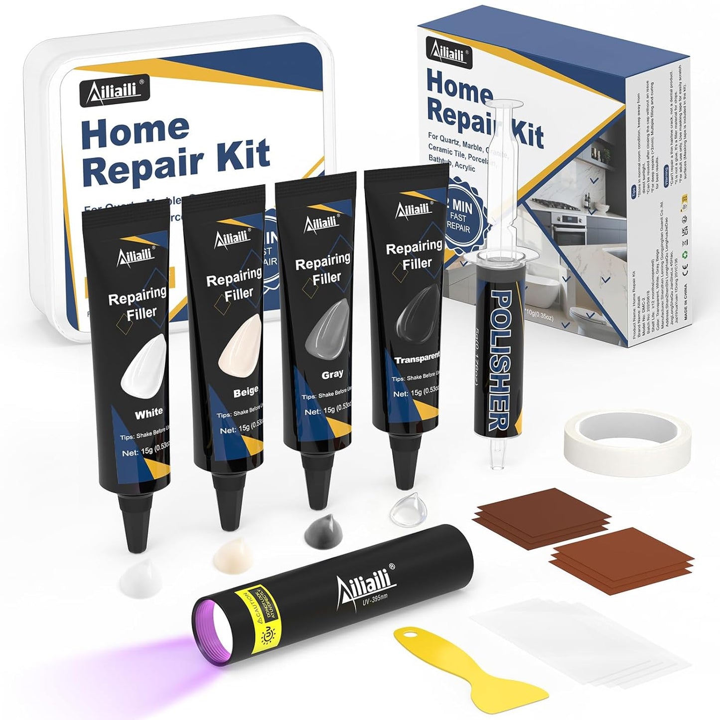 Quartz Countertop Repair Kit, Granite & Marble Repair Kit with 4*15g Filler(White,Beige, Gray,Clear), 30s Fast Repair Chip, Hole, Scratch, Crack on Fiberglass, Porcelain, Ceramic Tile, Bath Tub, Sink