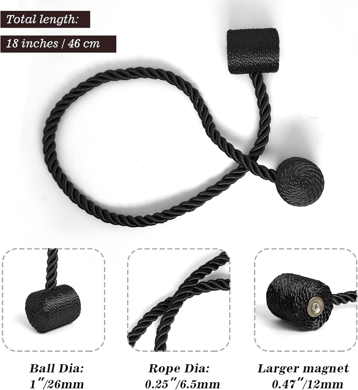 Hion Magnetic Curtain Tiebacks Black 6 Pack, Curtain Tiebacks Buckles Holdbacks Holders Hooks Clip for Home Bedroom Office Decorative Thick or Thin Curtain