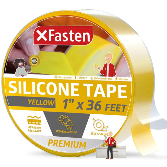 XFasten Self Fusing Silicone Tape Waterproof – 1" x 36 Feet Yellow, Self Amalgamating Tape, Silicone Rubber for Plumbing, Sealing Pipes, Hose Repair, Outdoor Coax and Electrical Cables – Weatherproof