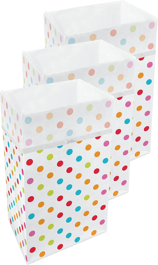 30 Gallon Disposable Pop-Up Trash Cans (3-Pack) with Fitted Bags – Foldable Garbage & Recycling Bins for Parties, Events & Kitchen (Polka Dot, 30" H x 14" W x 17" D)