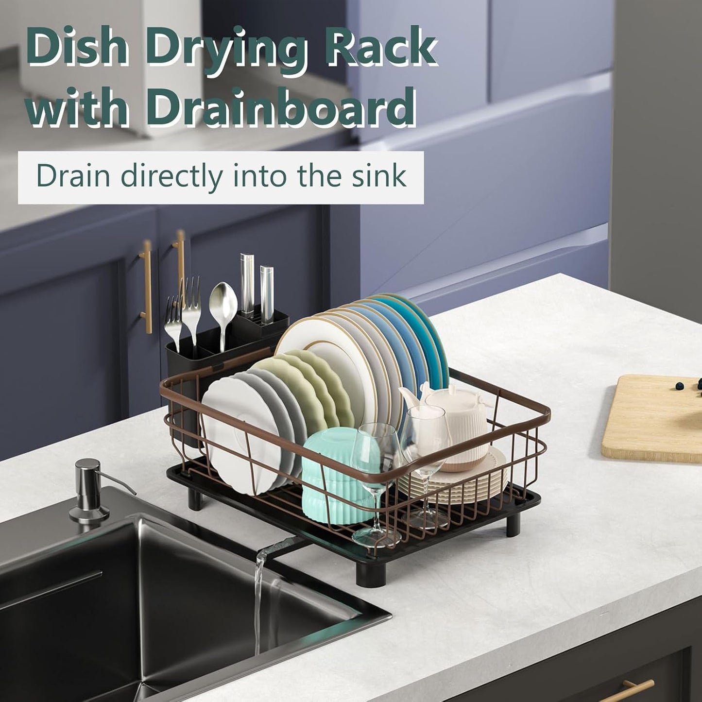 Iron Dish Drying Rack with Drainboard Dish Drainers for Kitchen Counter Extendable Spout Strainers with Utensil Holder and Knife Slots, Brown