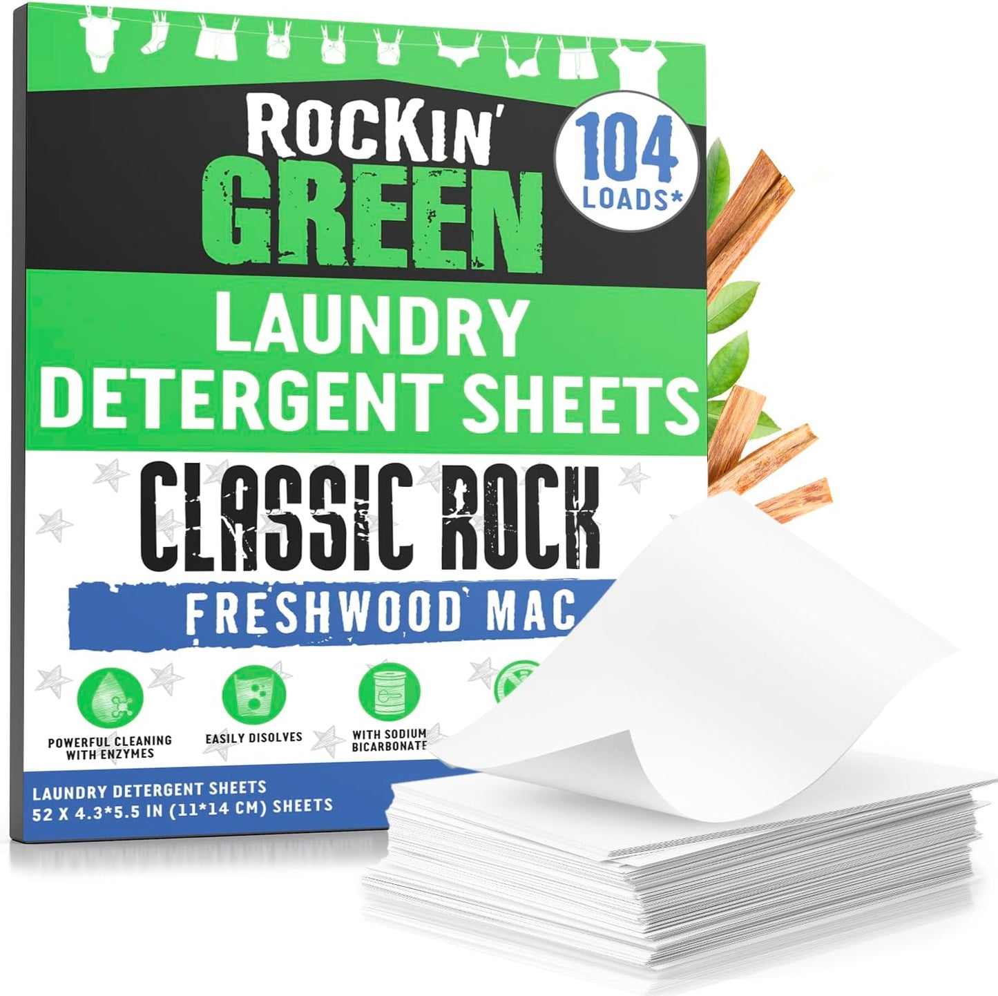 Rockin' Green Travel Laundry Detergent Sheets - Mess-Free Laundry Sheets Detergent Powerful Cleaning with Sodium Bicarbonate - Easily Dissolvable Laundry Soap Sheet (104 Loads, Freshwood Mac)