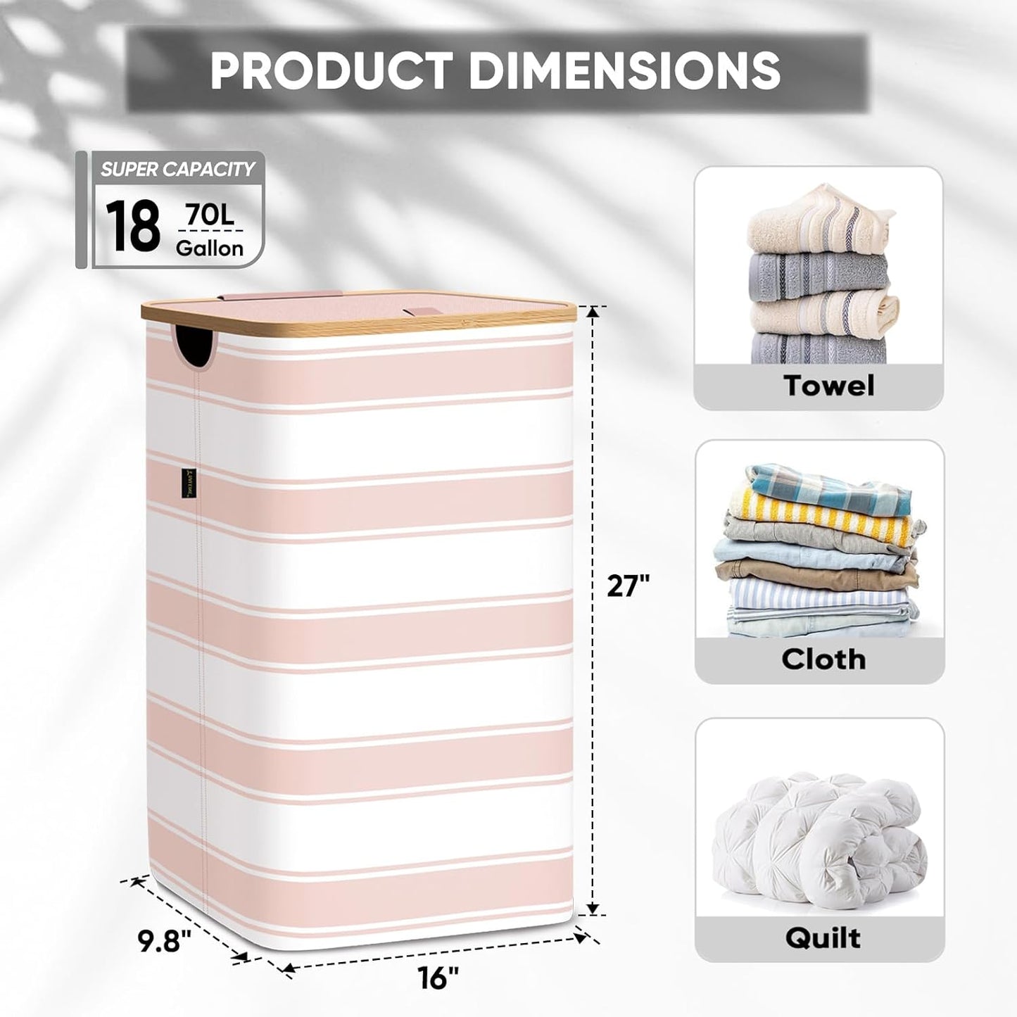 BALEINE Laundry Hamper with Lid, Tall Laundry Baskets with Bamboo Pull Handles, Large Laundry Bin with Internal Support (18 Gal/70L, Pink Stripe)